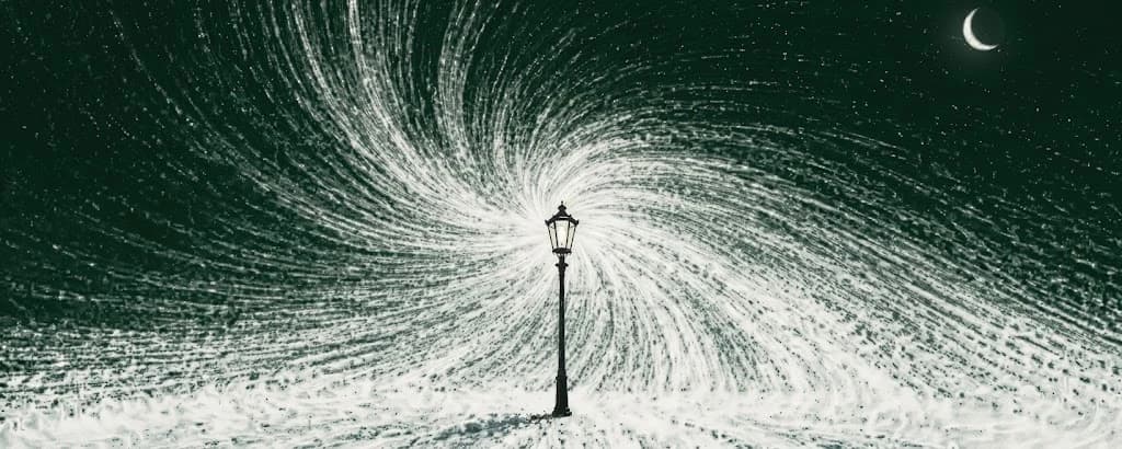 A lone street lamp in the snow at night, under a swirling sky and a crescent moon.