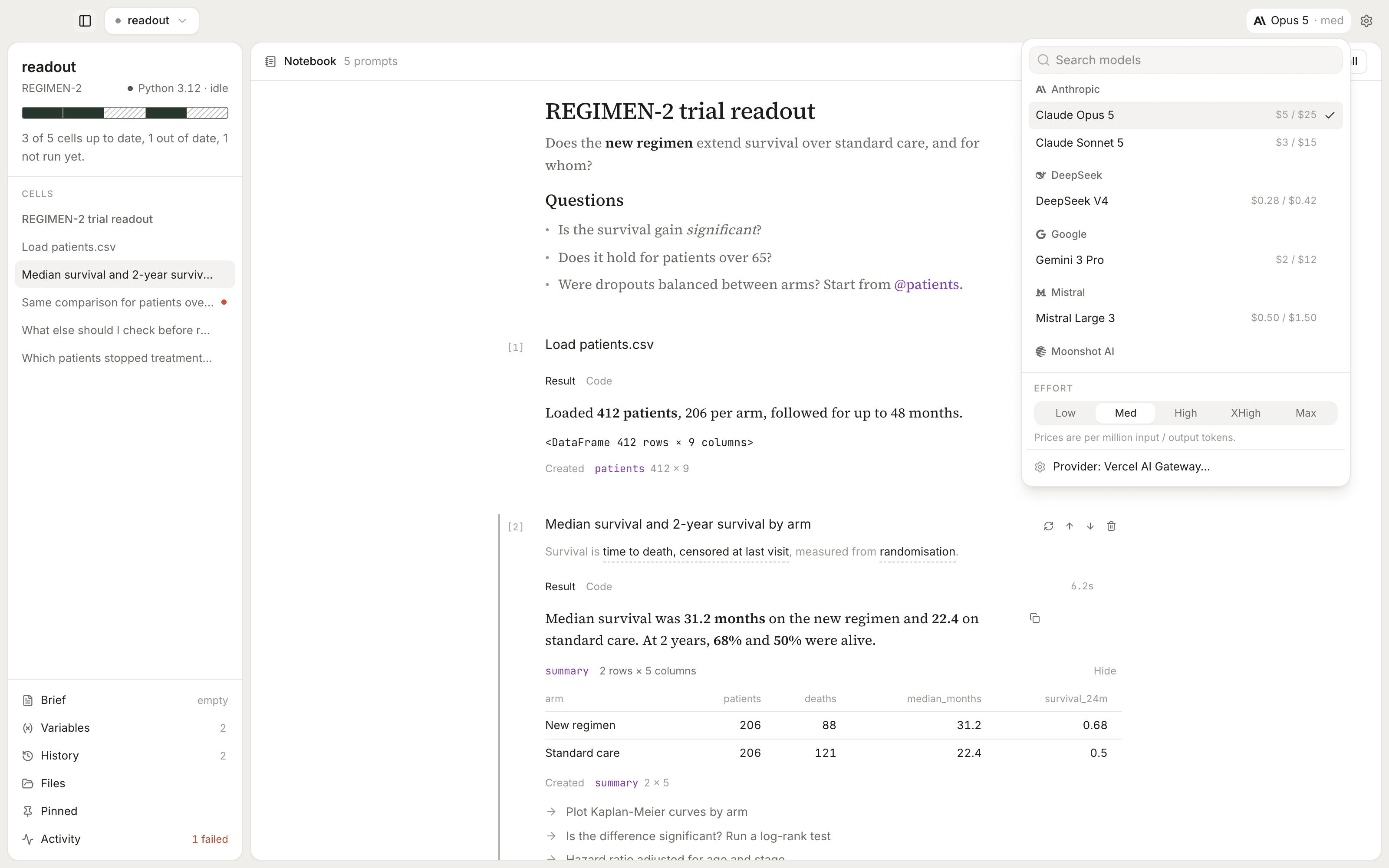 The model picker, grouped by maker, with an effort setting below.